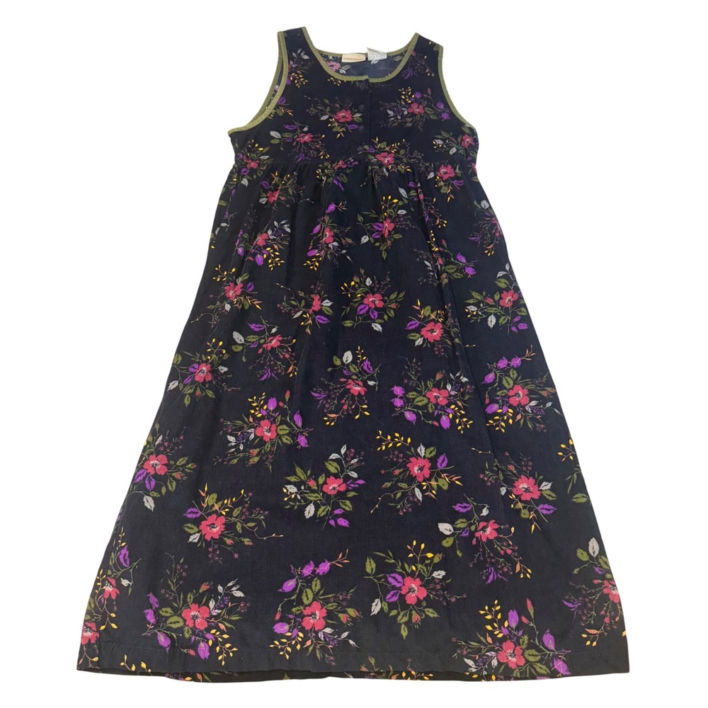 Expressions Vintage Floral Corduroy‎ Jumper Dress Black Pink Green Womens Medium